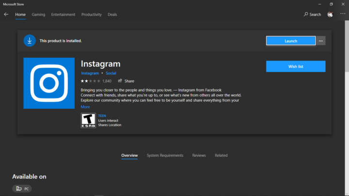 Launching Instagram on Windows 10 Laptop